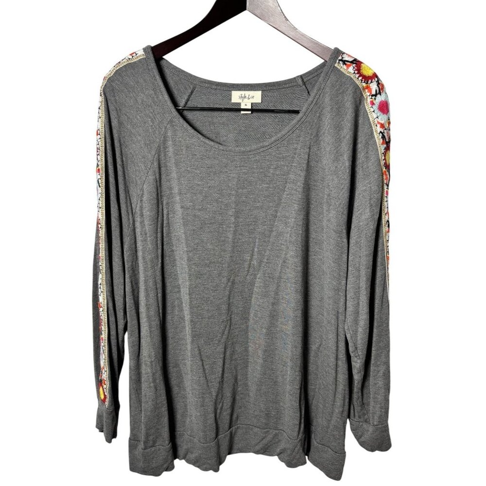 Style & Co Womens XL Gray Long Sleeve Embroidered Floral Trim Top Cottagecore